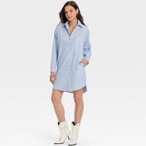 Women's Long Sleeve Mini Shirtdress - Universal Thread Blue Striped M